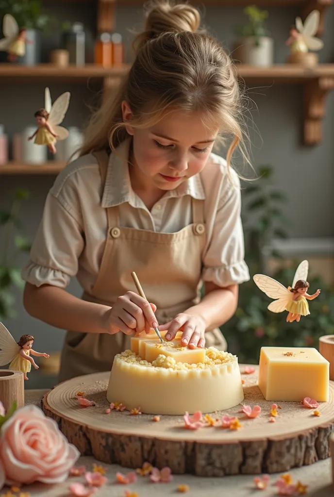 Soap making workshop. In the center is an adult girl who is a soap maker, dressed in a linen apron, oils with a focused, but a kind expression, flutter gracefully around her, gently pouring warm vegetable cosmetic oils in a beautifully crafted wooden shape...