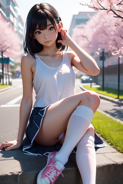 ((8k,Greatest Masterpiece,realistic images,Japanese,Perfect human anatomy,Body balance,Complete Proximity,  girl )),from before, innocent face, gentle eyes,ish, beautiful feet, short white tank top ,short navy blue skirt, black hair, semi-long,noon, bright...