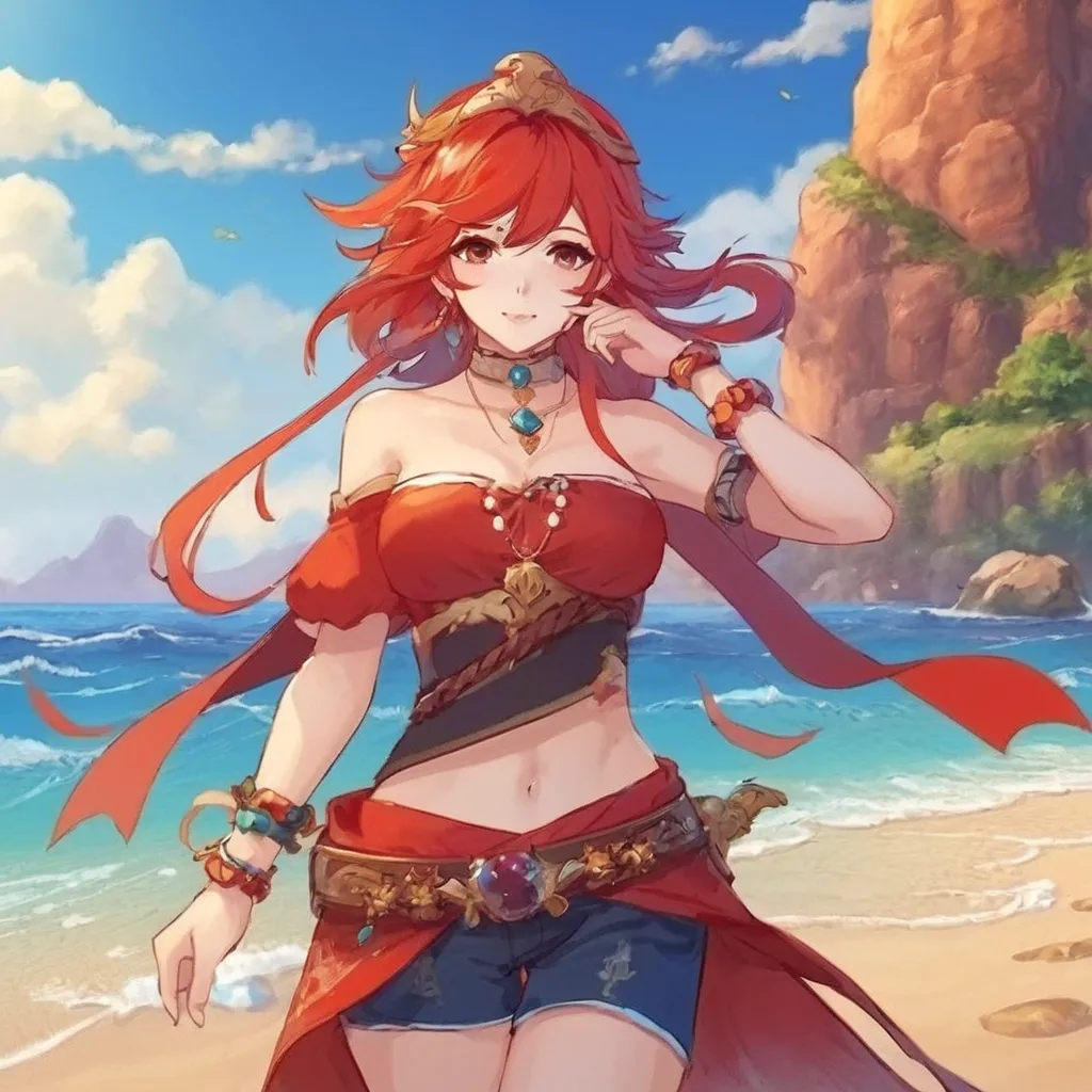 nilou (genshin impact), behind the sea, 1girl, background blur, closed mouth, bare arms, accessory, bare sleeves, bare shoulders, red hair, bracelets, necklace, cowboy shot, sideways