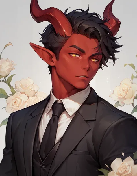 ((masterpiece,best quality,ultra-delicate,16k,high resolution)), (solo)male red skin demon, human-like, elf ears, messy black hairstyle, adult, middle age, amber eye color, demon red horns, black suit