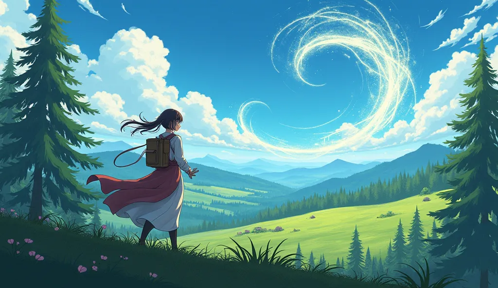 A female adventurer manipulates the magic of the wind on the hill、The wind is swirling around her。creates a fantastic scene where the forest and distant mountain ranges are in the background、magical particles dancing in the wind become one with nature。
ani...