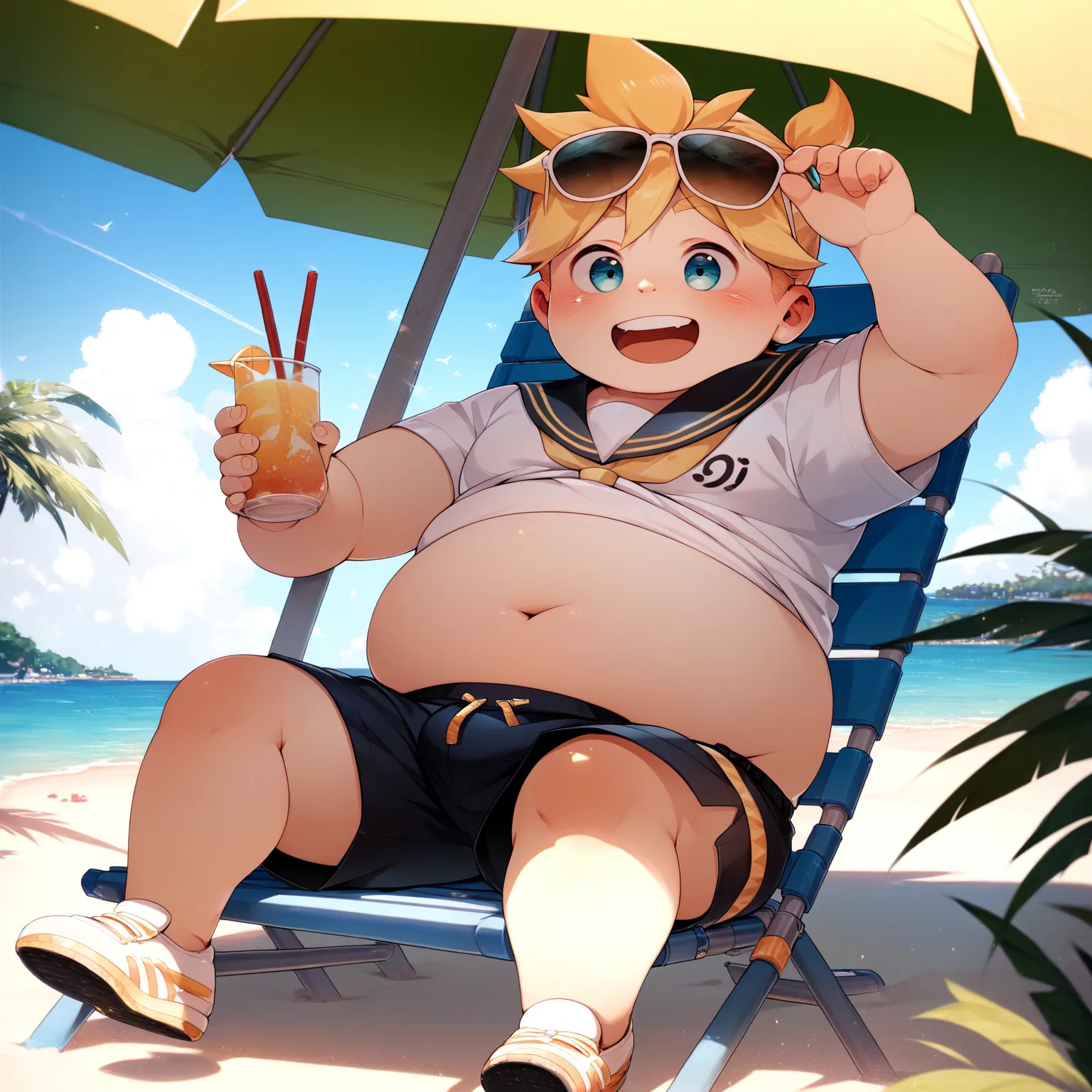 1 boy, ( male background ), kagamine len, ,  plump body and fat belly , school uniform and shorts ,  sunglasses in her hair , sitting on a chair on the beach , slightly flushed face, happily smiling 