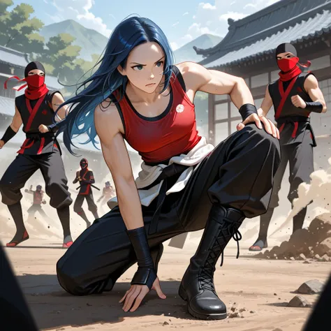 A male ninja, with short hair above the ear and wearing red ninja-style clothing,With a ninja in red ninja style clothing,tank top with black pants, With long hair tie your feet, no bangs, wearing a black contoured boot, EM PE ,And in front of you, fightin...