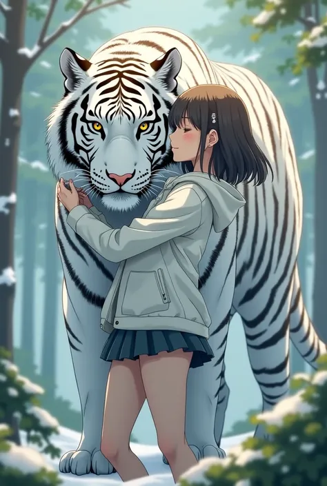 An 18-year-old Japanese woman with a model figure wearing casual outerwear and skirts in the snow、Express the place where they are hugged by a white tiger in a realistic anime style