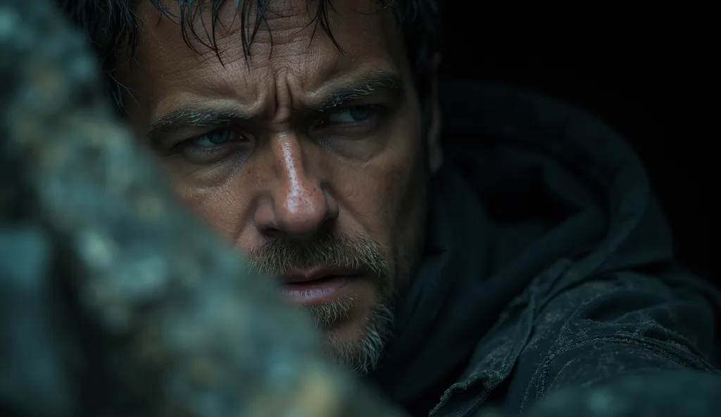  Cinematic still shot, close-up. The man's face is partially illuminated by the dim light coming from outside the cave. His sharp blue eyes are focused, his brows furrowed. Droplets of rain glisten on his jacket. The rocky walls of the cave frame his face,...