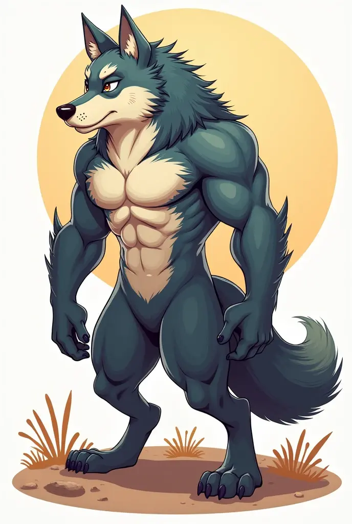 Create a blue wolf furry with a big dick, depict the size of the penis on his underpants and let him hold a bone in his teeth and put his hand on his groin