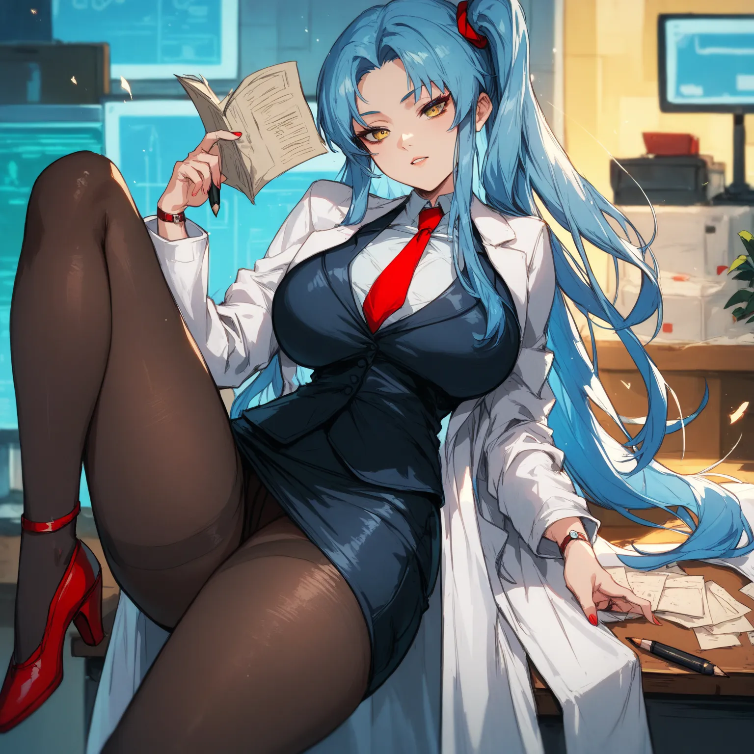 best quality, masterpiece, extremely detailed, highres, 1girl, solo, amazing quality, AngelaLC, long hair, side ponytail, blue hair, yellow eyes, red necktie, black pencil skirt, labcoat, black vest, white shirt, black pantyhose, red shoes, big breasts