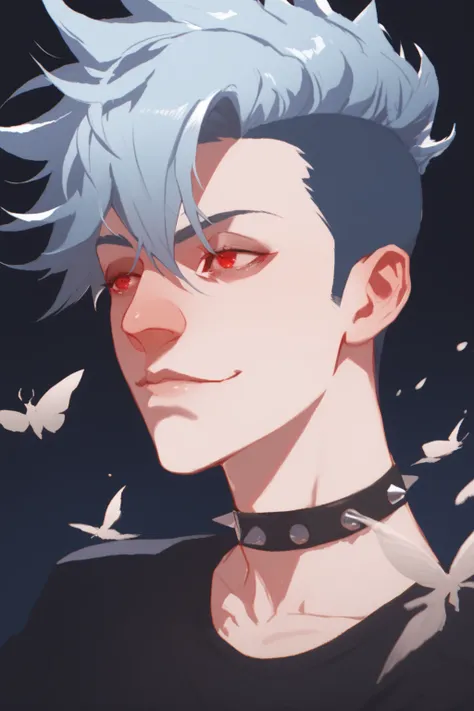 Male, light blue hair,red eyes,black spiked choker,black shirt, dark background, creepy woods,pale skin,moths flying around,undercut hair style,punk, punk clothing, nose pricing, broad nose