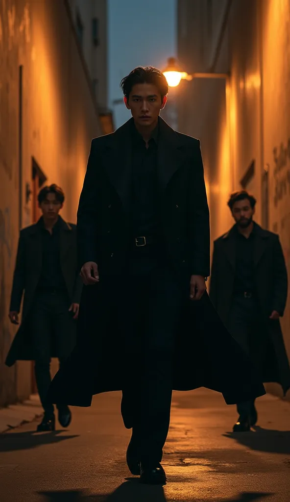 Kim Taehyung as a mysterious mafia boss in a long black coat, walking through a dimly lit alley in Los Angeles at midnight, his eyes glowing with confidence, surrounded by his crew.