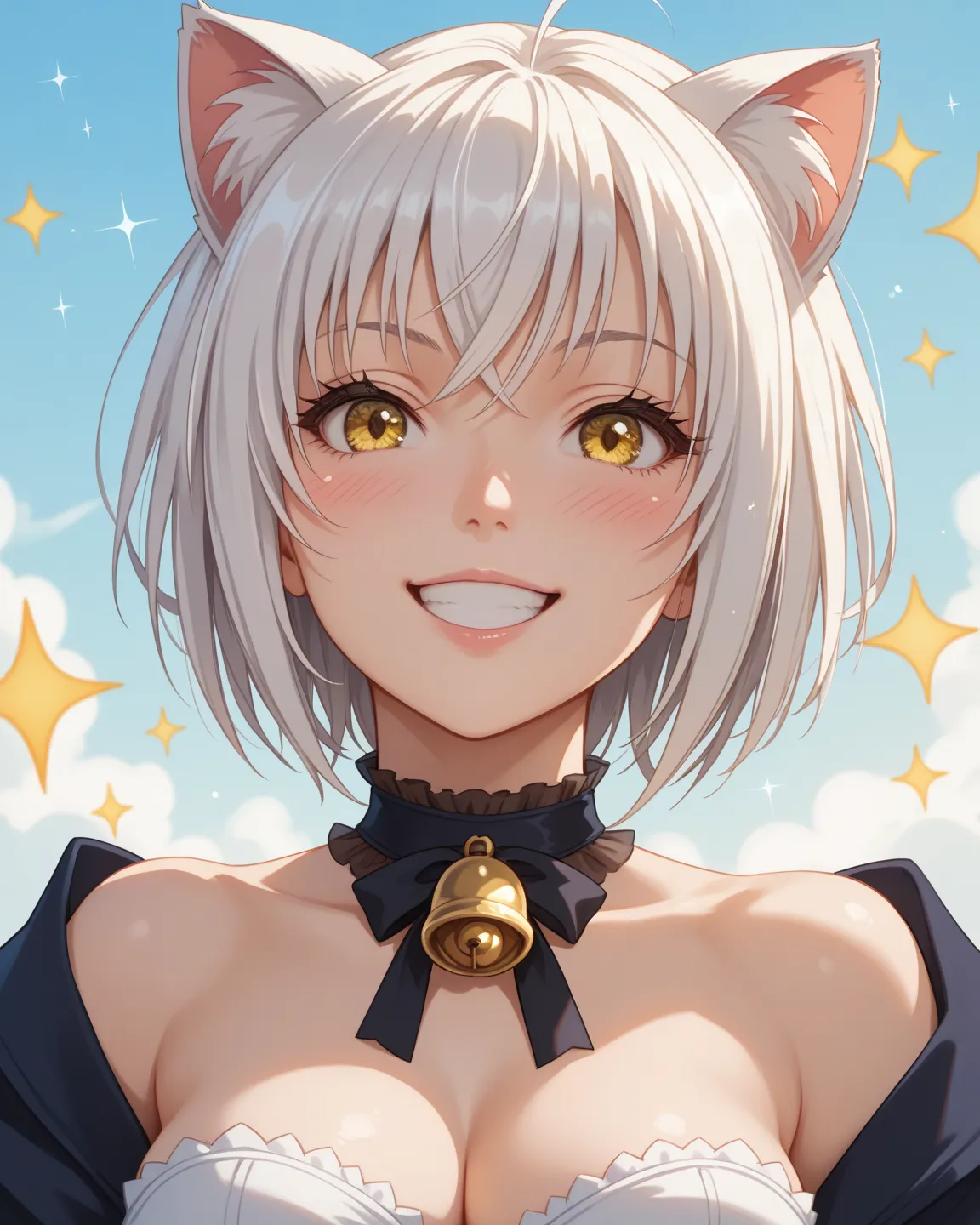 Koneko Tōjo from gigs school dxd,in a sexy Macdonald outfit, taking issei hyoudou order, she have short white hair,yellow eyes,and cat ears,and a bell choker around her neck Award Winning, Accurate, Best Quality, HD, Short Hair, White Hair, Breasts, Cat Ea...