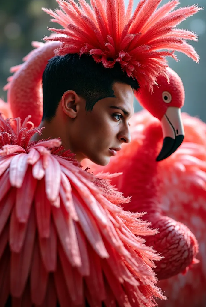 Generate an image of Antony up and close in a flamingo costume playing the castanets
