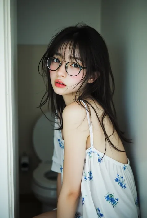 (( High quality)), ((傑 High quality、  Masterpiece 、High sensitivity、 high resolution、 detailed image all the way to the front door、  gentle face with a playful smile )) slender woman 、glasses、eye patch、  sits on the toilet 、