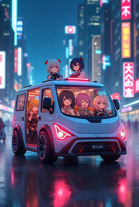 generate an anime style van, for 8 stylized people.