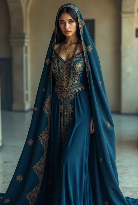 That she appears wearing clothing from the Morroco country,  And let out the full body , And let the clothes come out in black and blue 