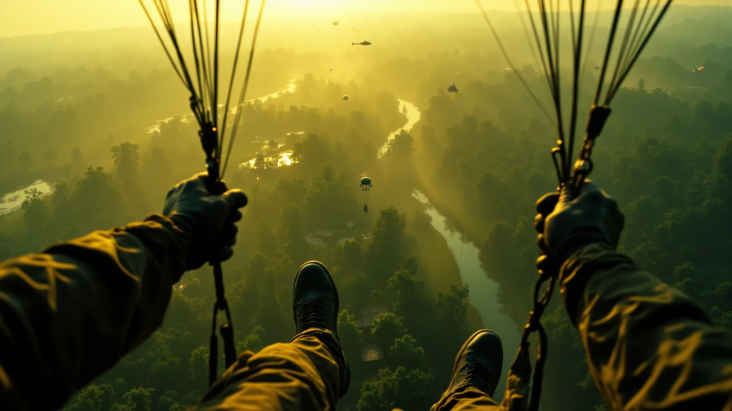 Create an image from the first-person perspective of a Vietnam War paratrooper descending toward a dense jungle warzone in the early morning light. The scene is framed by the outstretched arms of the soldier gripping the parachute’s risers, boots dangling ...