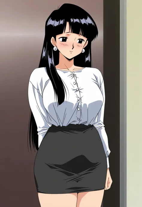 (9000s anime screencap,) 1woman, (mature woman), black hair, straight hair, long hair, blunt bangs black void eyes, (short bangs:13) (very Embarrassed:12) (small eyes:13) (white pearl earrings) (white button-up shirt long sleeves) (black pencil skirt) (thi...