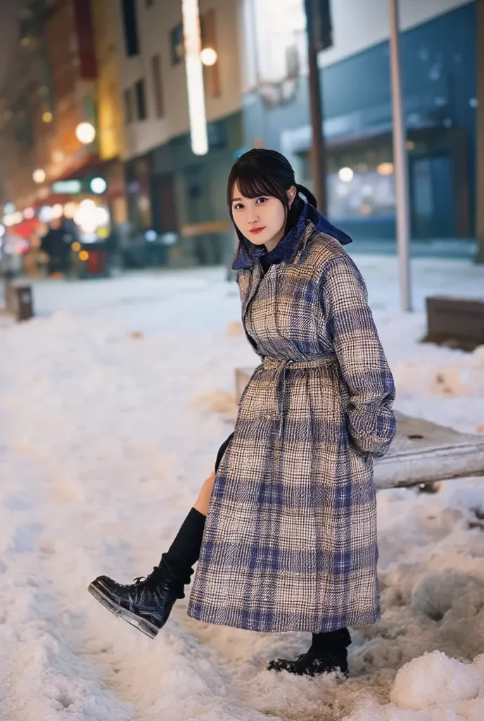  RAW photos at night , winter,  moist skin in a snowy park   , it's snowing, Sapporo,  night view, Sulky,
bob cut with skindent ,  kind beautiful girl , big breasts,
 beautiful face of a beautiful woman wearing a coat  ,  Plaid Long Skirt Tweed Dress , tig...