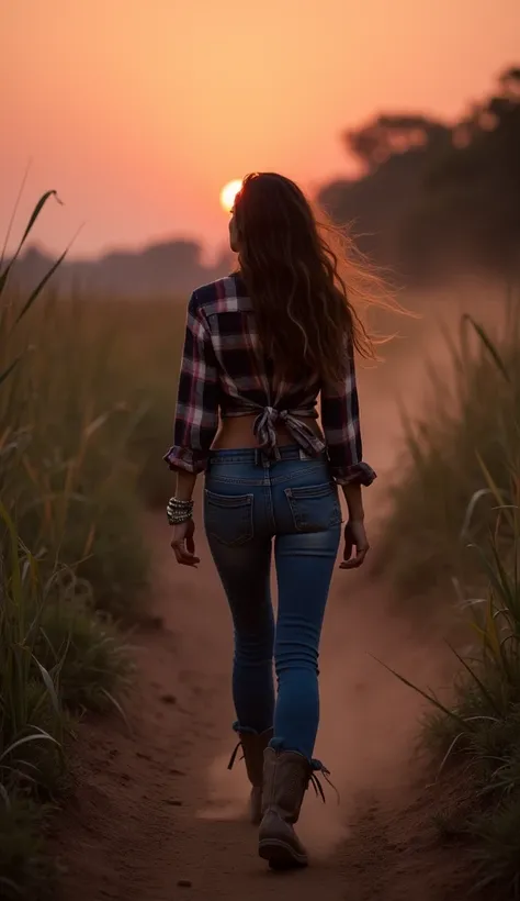 Dirt trail in the Brazilian Pantanal, purple and orange twilight, tall grass, 29-year-old woman in a Pantanal cowgirl style, sexy, long flowing hair, plaid shirt tied at the waist, bronzed midriff, tight jeans, dusty riding boots, soft sunset light, long s...