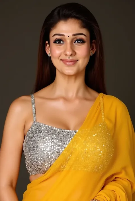 Generate a ultra realistic close up front image of a woman in a golden yellow sequins sleeveless saree. She is wearing a silver shimmering blouse with mirror sequins. It has no sleeves, has a silver satin finish with spaghetti straps. Face and body facing ...