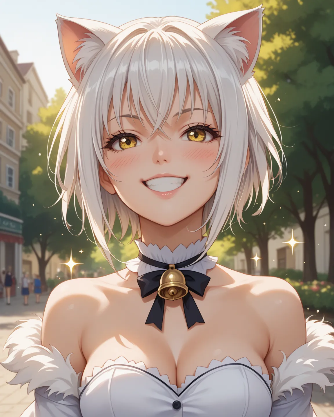 Koneko Tōjo from gigs school dxd,in a sexy Macdonald outfit, taking issei hyoudou order, she have short white hair,yellow eyes,and cat ears,and a bell choker around her neck Award Winning, Accurate, Best Quality, HD, Short Hair, White Hair, Breasts, Cat Ea...