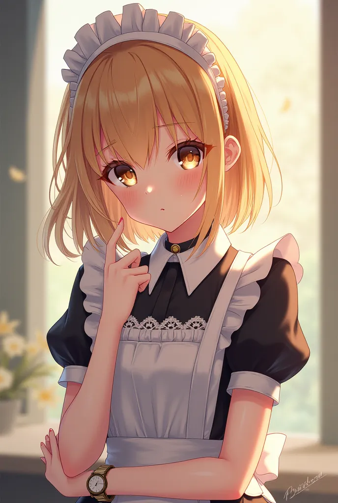 1 girl, solo, medium hair blonde maid anime choker watch