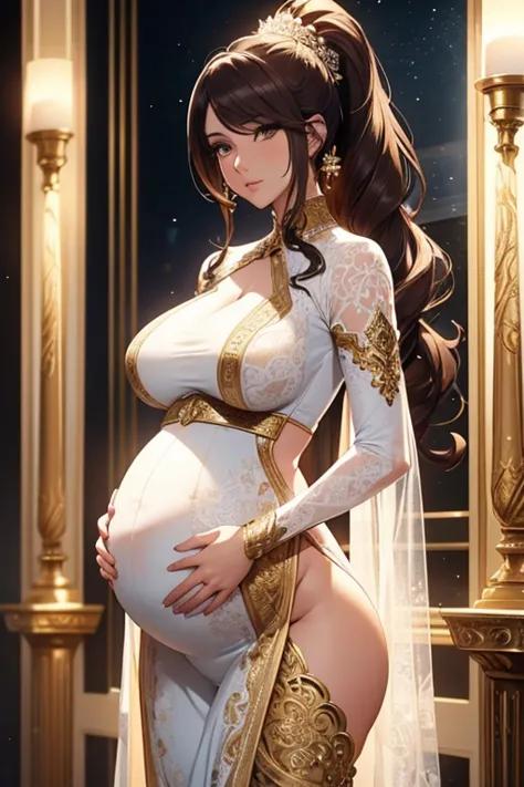 8k, masterpiece, very realistic, Full body, Sexy pregnant goddess, very slim waist, big thighs, elaborate detailed ornate tight beautiful sparkling white dress, (long wavy flowing brown ponytail), elaborate detailed patterned leggings, bright, (pregnant 1....