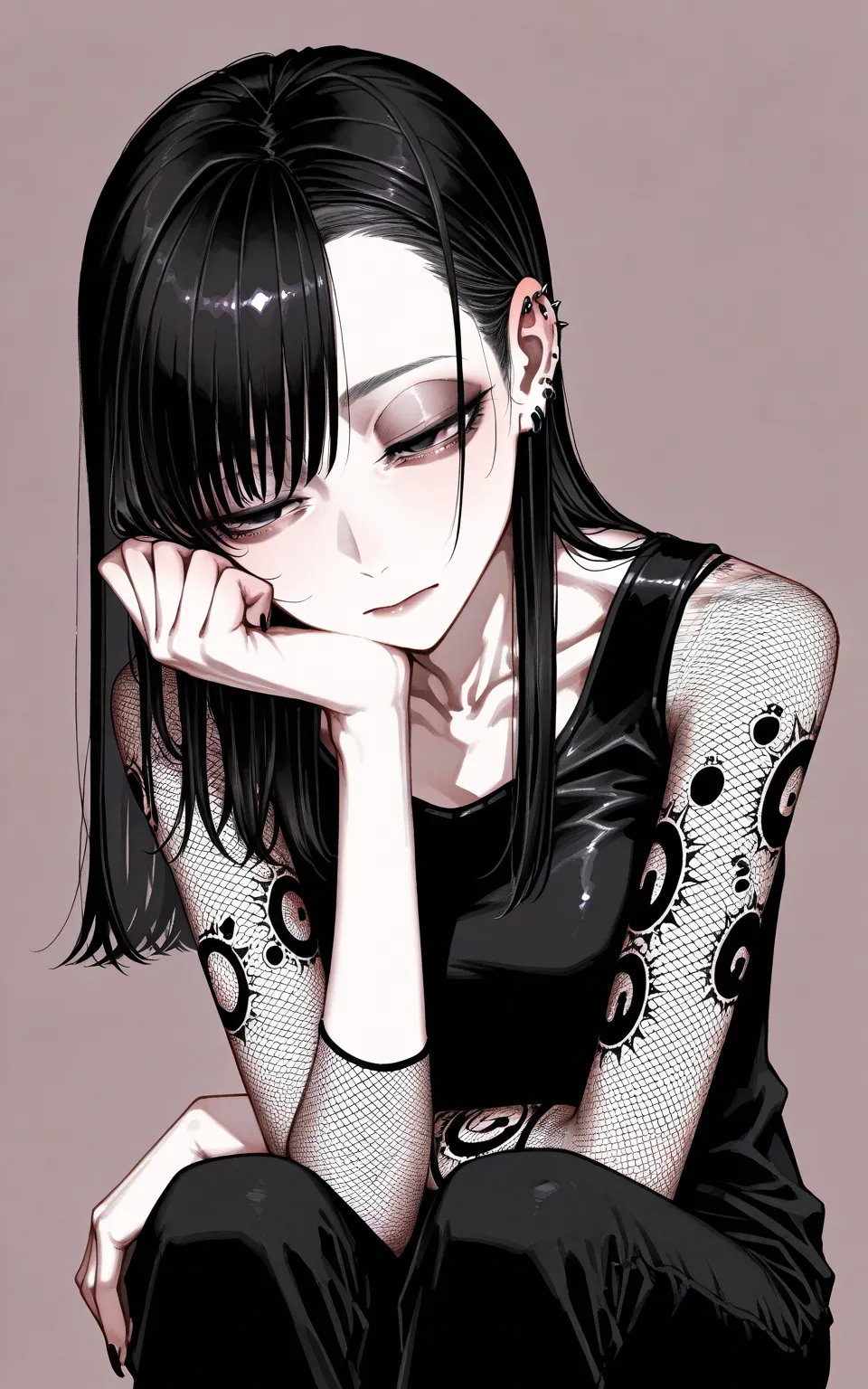 punk, cool beauty, solo woman, black hair, [emaciated:1.3], half-closed eyes, rest, Japanese exotic fashion, simple background, geometric,