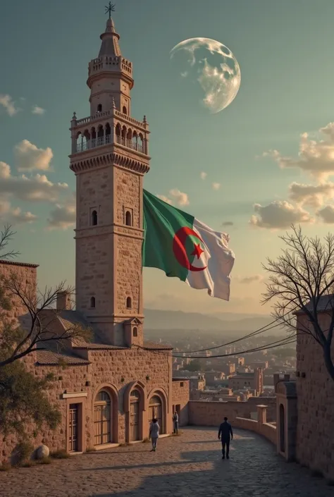 Old minaret of  andalousian mosque wrapped with algerian flag  with moon  by night 