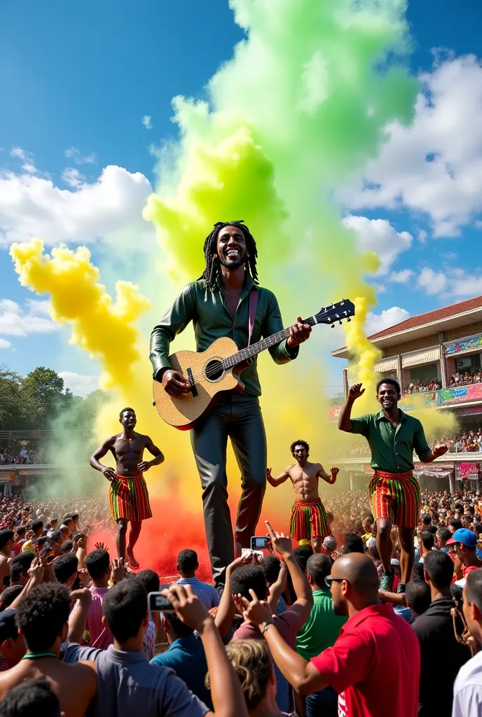 Un char de carnaval spectaculaire sur le thème du reggae, décoré de couleurs vives rouge, jaune et vert. Au centre, une grande statue de Bob Marley jouant de la guitare, entourée de palmiers, de bongos et de haut-parleurs géants diffusant de la musique. De...