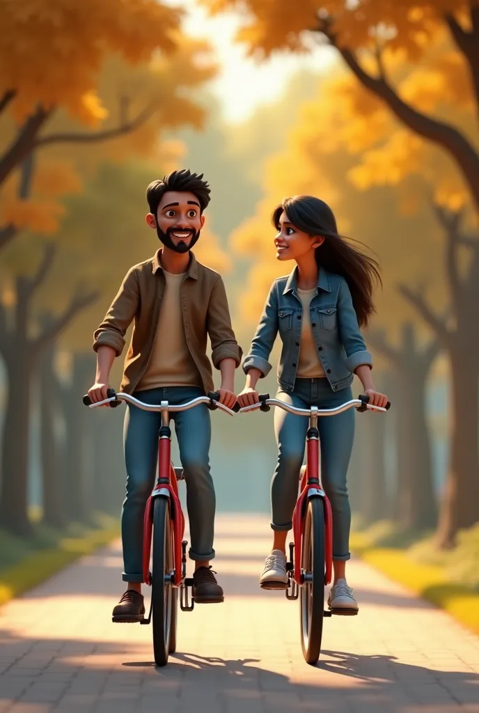 Creat 3d image of pakistani s cycling in the park,animated with Disney pixar,s animation touch.shirt jeans denim jacket.they are happy riding the cycle.they are creating a cozy atmosphere for a peaceful moment together
