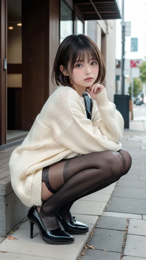  Photos taken by a professional photographer ， woman crouching on the sidewalk with her legs crossed wearing a random colored sweater, kiko mizuhara,  wearing a sweater , Shirahime、Brown hair cut,  wearing a sweater , young and cute girl with her dad, Japa...