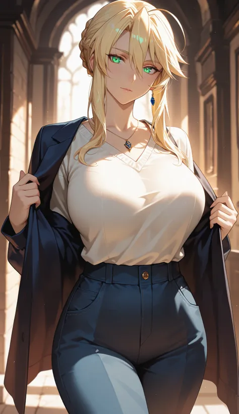 Masterpiece, very aesthetic, vibrant, high contrast, high resolution, ultra detailed, hot mature woman, artoria Pendragon (lancer), casual clothes, soft light, indoor, best quality, newest, castlevania: nocturne anime style, medium shot