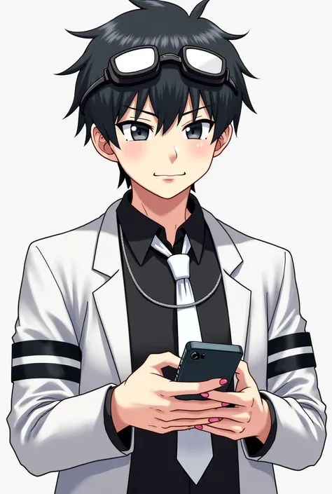 Shininchi Sakurai confused in a black shirt and white jacket with two black stripes on each sleeve of his hands and black swimming goggles with white visors hanging around his neck and a white tie and with a cheap Chinese toy cell phone in his hands 