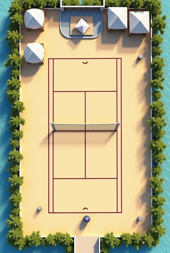 Architectural design of a 10x18m sand court, ideal for beach tennis or beach volleyball. The court has grandstands inside the play area. At the back of the lot, there is a covered reception area of 8x10m, built with simple masonry and metal tile. Inside th...