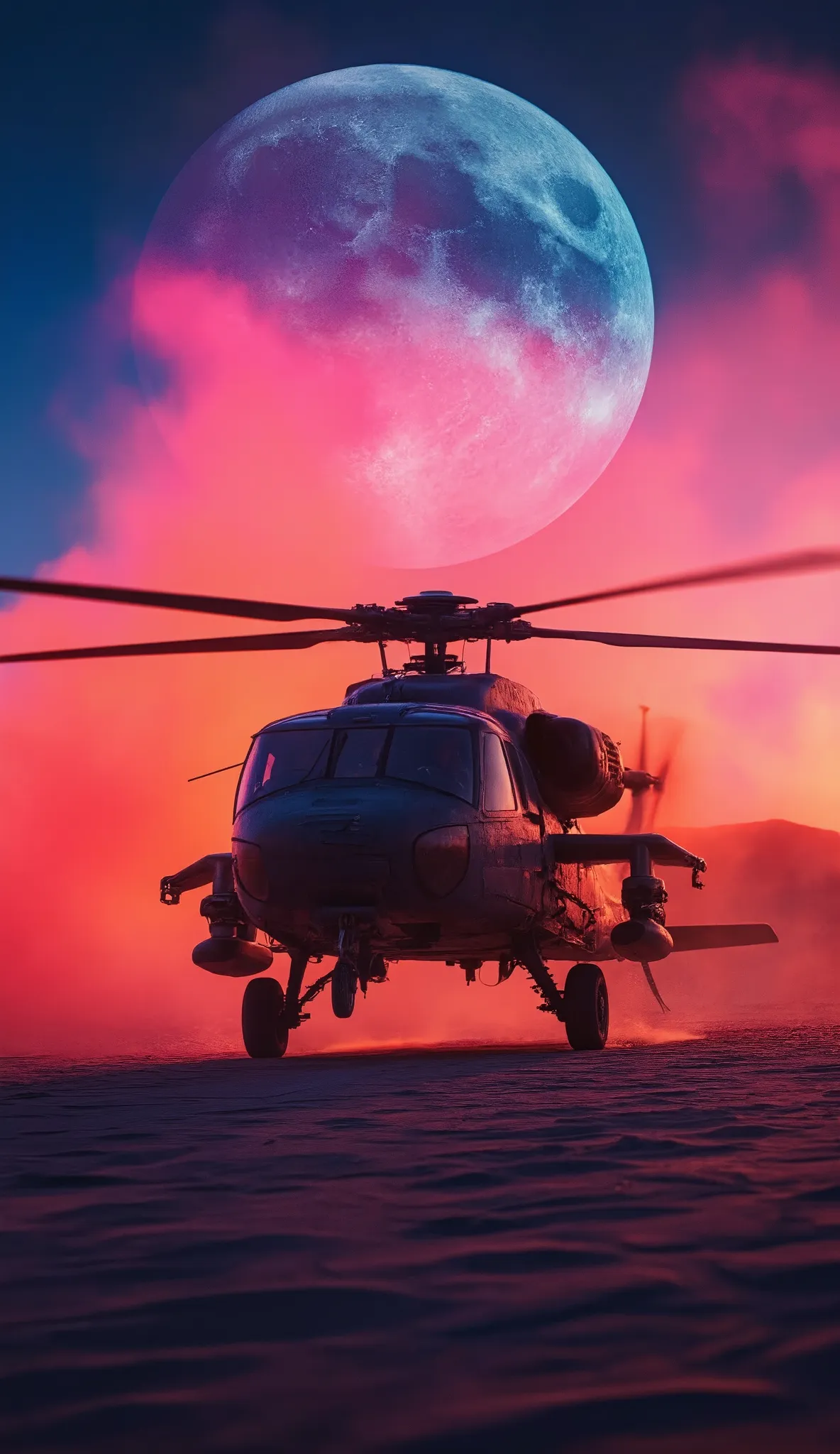  high resolution image 、gaze from an AH-1 cobra doing military training、Creative Desert Light Images、shines on the white and red striped sand of the sandstorm、Colorful Deserts in Arizona、((masterpiece))Dramatic Half Moon Night 、under dramatic Kageyama Gorg...