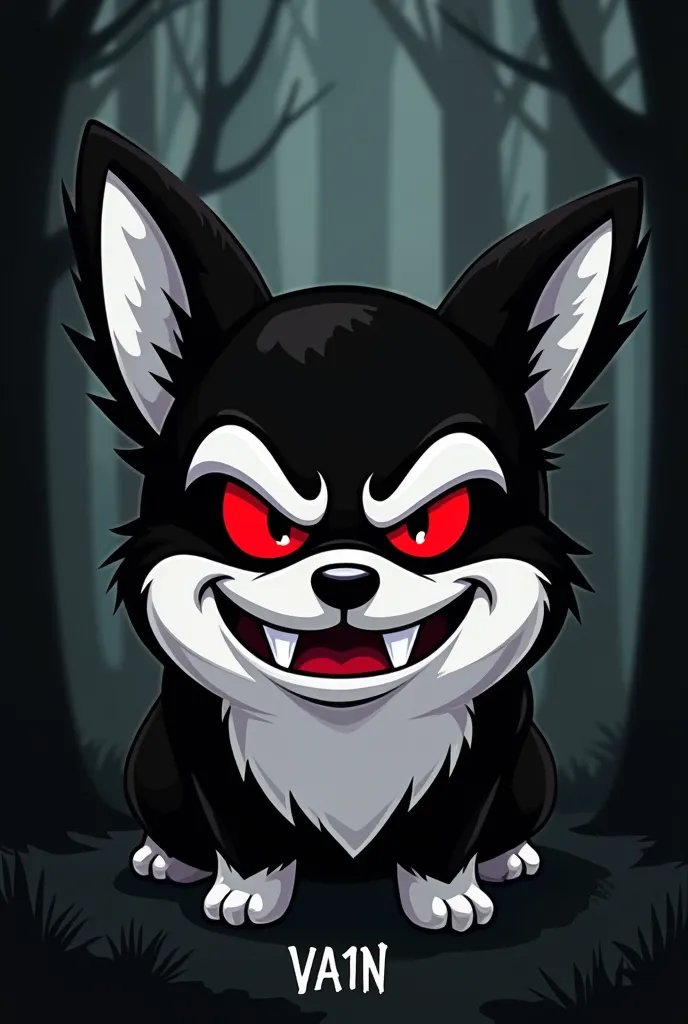 This image features a stylized, cartoonish face with a menacing expression. The face is predominantly black and white, with red eyes that give it an intense and sinister look. The design is simple and bold, with sharp, triangular teeth forming a mischievou...