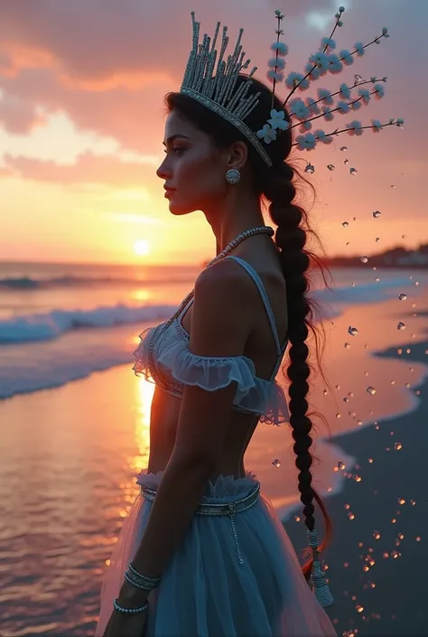 high quality, 8K ultra HD, Una hermosa  double exposure que combina una silueta de diosa con la costa al atardecer, the coast at dusk should serve as a backdrop,  with its details incorporated in the goddess, sharp lines, The background is monochrome, shar...