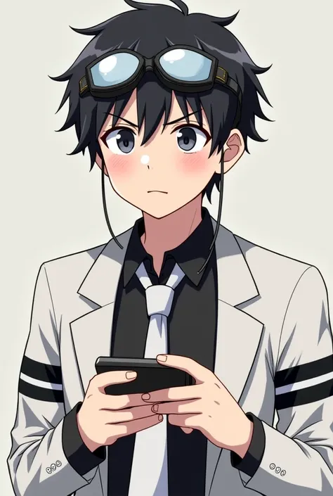 Confused and surprised Shininchi Sakurai wearing a black shirt and white jacket with two black stripes on each sleeve of his hands and black swimming goggles with white visors hanging around his neck and a white tie and with a cheap Chinese toy cell phone ...