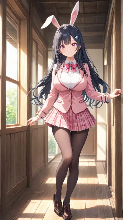 masterpiece,large breasts, long hair, (black hair1.5) , bangs, （1girl1.5）、Blue hairs ornament, 18 years old、breast focus、looking at viewer，full body，smile，pink ribbon，pink　blazer， pink checked skirt ，shirt、lilac eyes、loafer、tights、Bunny ears