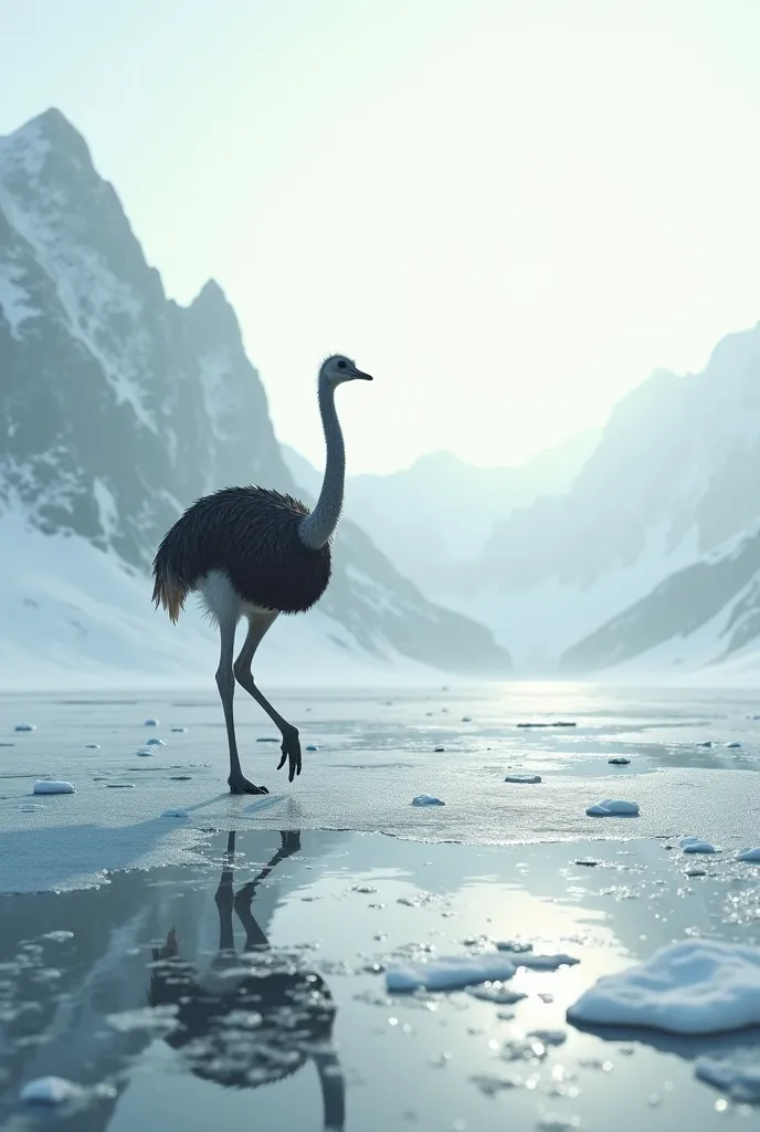 A scene of an ostrich walking on a frozen lake 