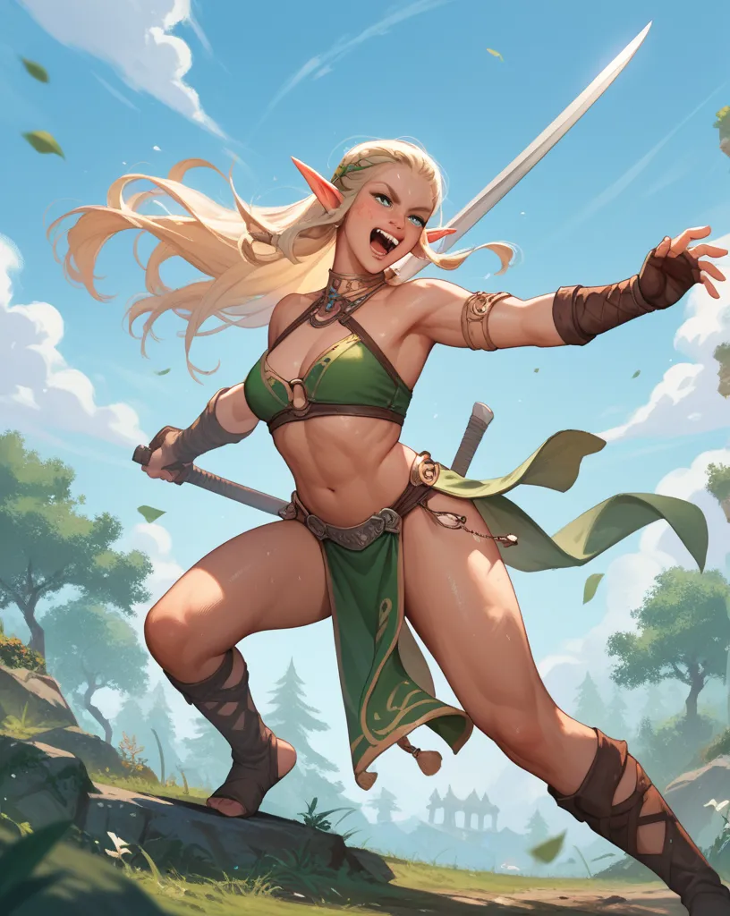 Fantasy, Beautiful elf girl fighting a loincloth orc , 