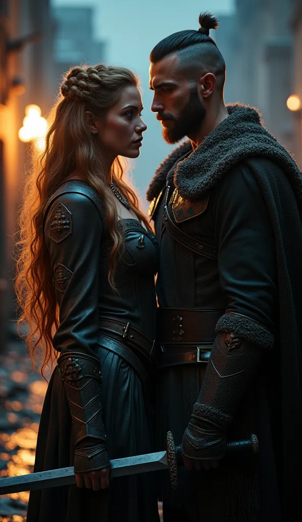 couple, jeune femme magnifique, de vingt-quatre ans, cheveux long châtain clair ondulé, yeux vairons, en tenue de guerrière viking, avec une épée descendante de Lagertha, badass. Avec un jeune homme incroyablement beau, mauvais garçon, Aura mystérieuse, tr...