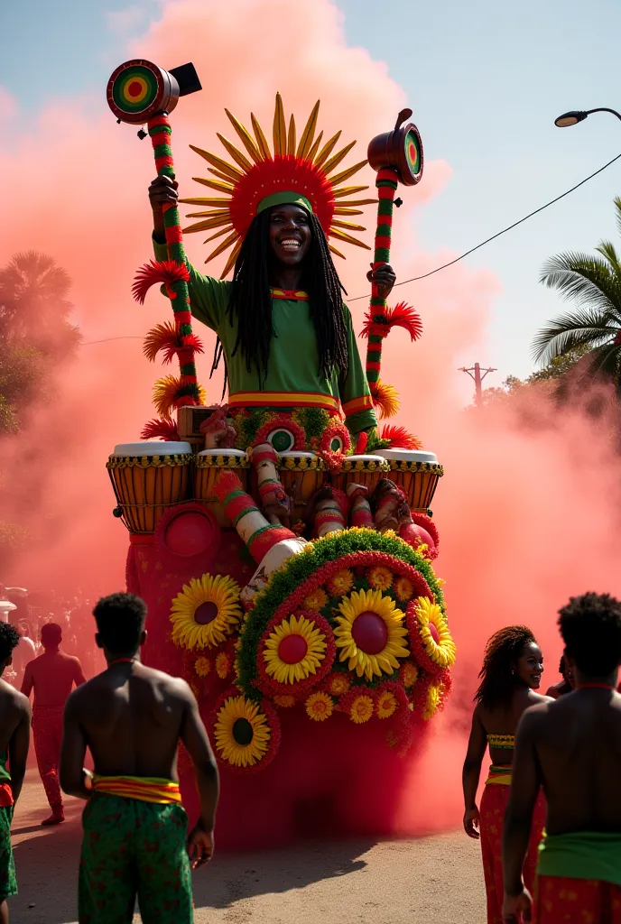 Un char de carnaval spectaculaire sur le thème du reggae, décoré de couleurs vives rouge, jaune et vert. Un personnage entourée de palmiers, de bongos et de haut-parleurs géants diffusant de la musique. Des danseurs en tenues traditionnelles caribéennes bo...