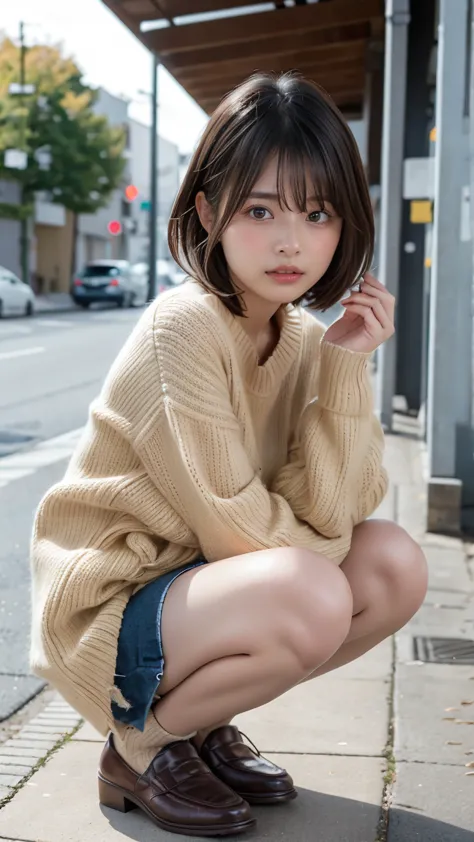  Photos taken by a professional photographer ， woman crouching on the sidewalk with her legs crossed wearing a random colored sweater, kiko mizuhara,  wearing a sweater , Shirahime、Brown hair cut,  wearing a sweater , young and cute girl with her dad, Japa...