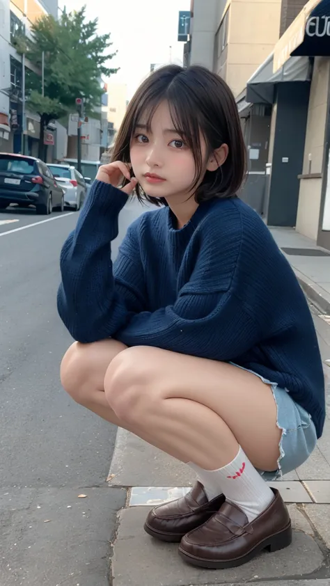  Photos taken by a professional photographer ， woman crouching on the sidewalk with her legs crossed wearing a random colored sweater, kiko mizuhara,  wearing a sweater , Shirahime、Brown hair cut,  wearing a sweater , young and cute girl with her dad, Japa...