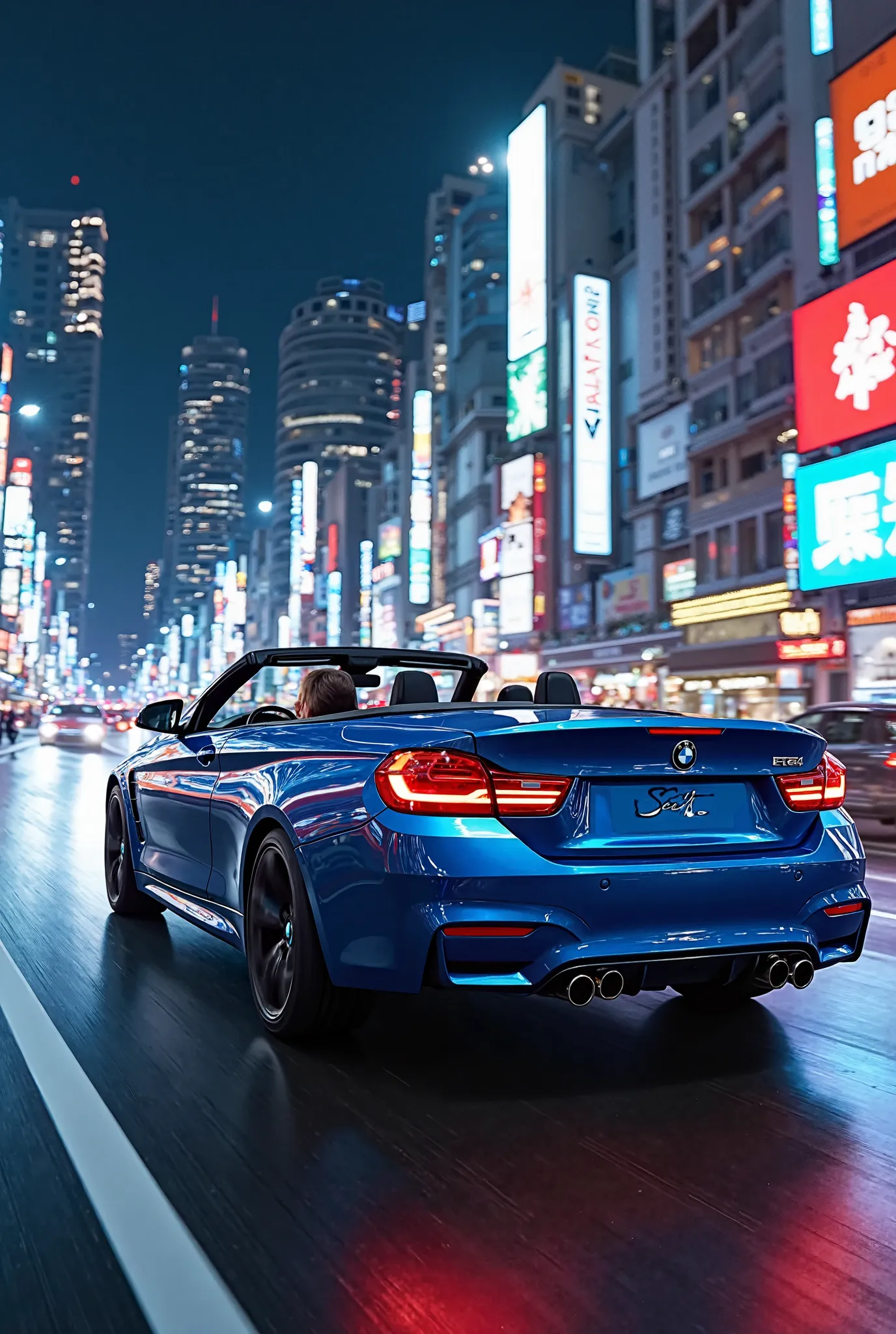 BMW Series 4 Cabrio Blue in Tokyo but it can be seen fart and on the side in Tokyo is night