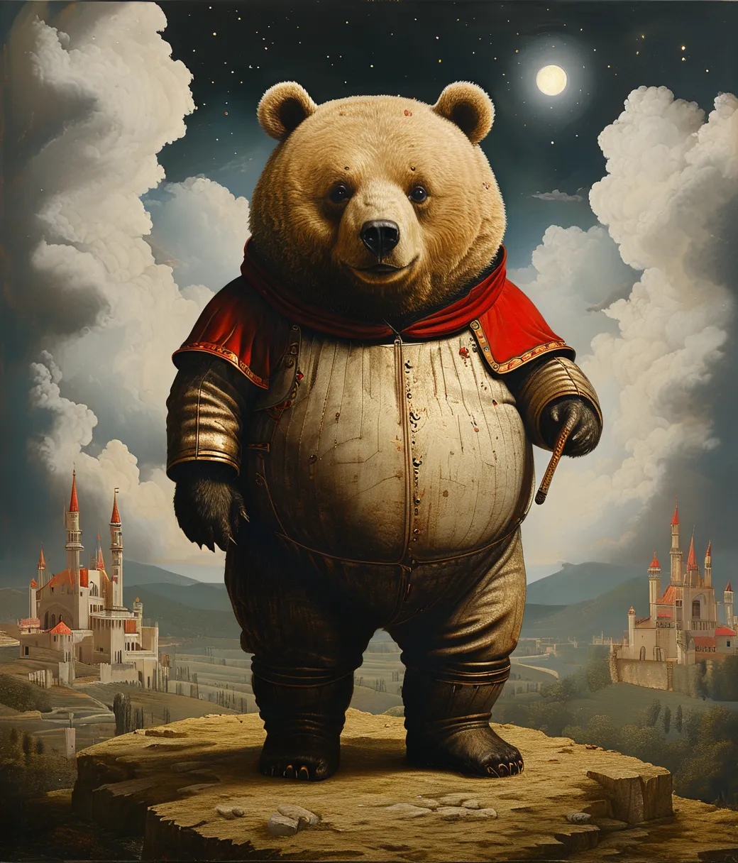 style of Laurent Grasso, (cute, chubby, male, bear), adorable, magical, fantasy, hires textures, highly detailed, intricate details, best quality, masterpiece, zPDXL3