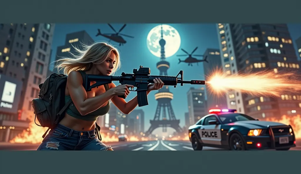 Detailed quality photo 、 The background is the Roppongi intersection in Tokyo.、The Tokyo Tower in the center of the background.、beautiful night sky with stars、Extra large full Moon、Many LIVING DEAD will attack the protagonist.、The protagonist is a beautifu...