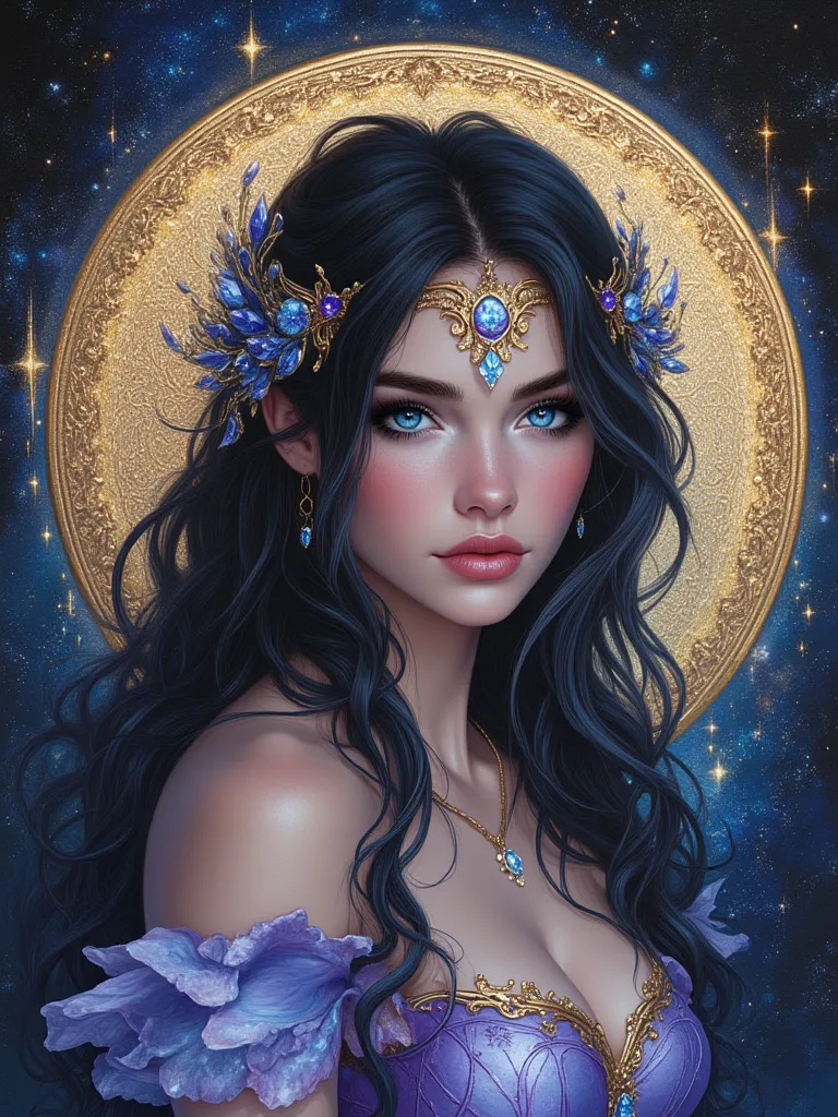 oil painting hyperrealistic fantasy, Beautiful 25-year-old Russian FAIRY with Russian features, jet-black hair very long and wavy perfectly, sapphire blue eyes, shiny reddish lip gloss, white skin de porcelana como muñeca,  pink cheeks, A dress that change...