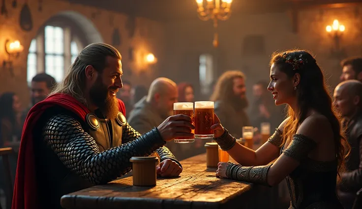 Thor at a Viking bar sitting at the bar counter drinking beer from the traditional cipher cup and toasting with Lady Cifi